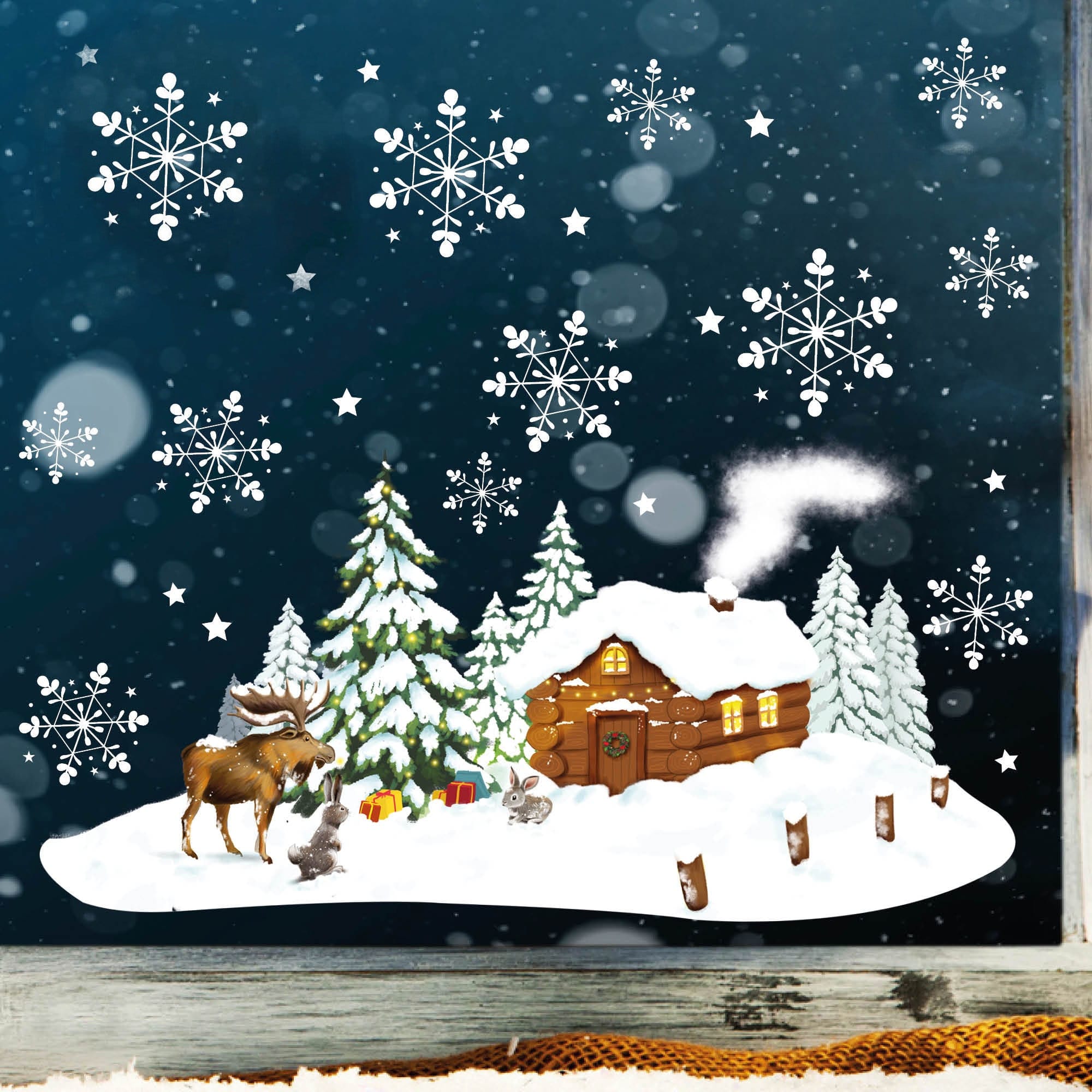 Fensterbild Weihnachten Winter Winterhäuschen Elch Fensterdeko Kinder wiederverwendbare Fensterfolie