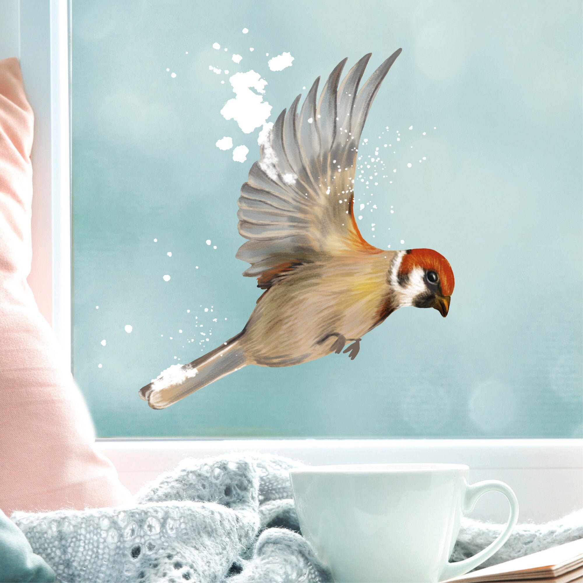 Fensterbild Winter Vogel Vögel Haussperling wiederverwendbare Fensteraufkleber Kinderzimmer Winterdeko