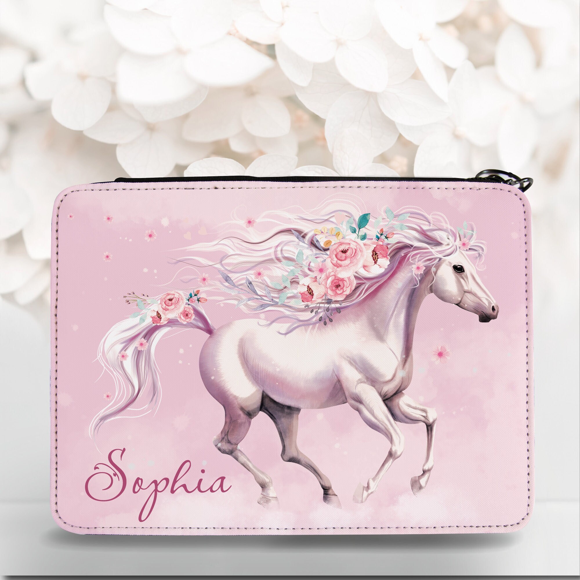 Gefüllte Federtasche Federmäppchen weiß Pferd Frühling Blumen rosa personalisiert Name Mädchen