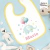 Auf dem Bild ist das Produkt: Bedrucktes Babylätzchen Elefant Luftballons Sterne mit Klettverschluss Wunschnamen Individuell Kinder Lätzchen Kleinkind zum Preis von €14.9 abgebildet.