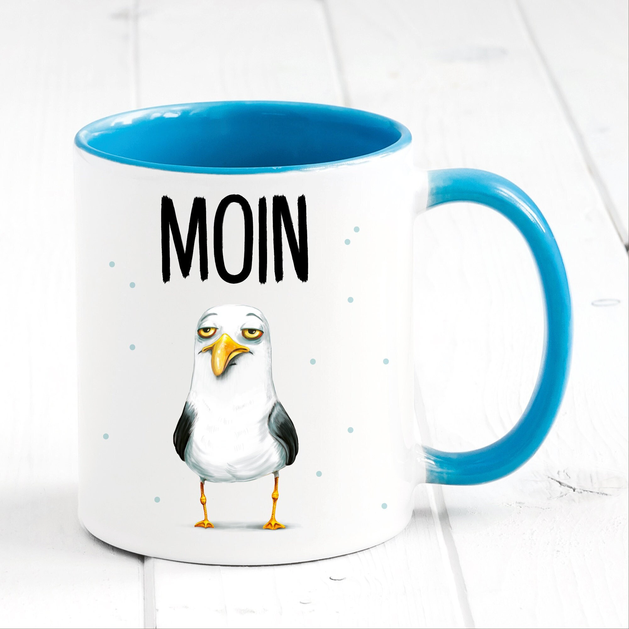 Bedruckte Keramiktasse Geschenkidee maritime Tasse Moin mit Möwe Geburtstagsgeschenk