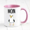 Auf dem Bild ist das Produkt: Bedruckte Keramiktasse Geschenkidee maritime Tasse Moin mit Möwe Geburtstagsgeschenk zum Preis von €17.9 abgebildet.