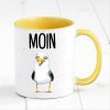Auf dem Bild ist das Produkt: Bedruckte Keramiktasse Geschenkidee maritime Tasse Moin mit Möwe Geburtstagsgeschenk zum Preis von €17.9 abgebildet.