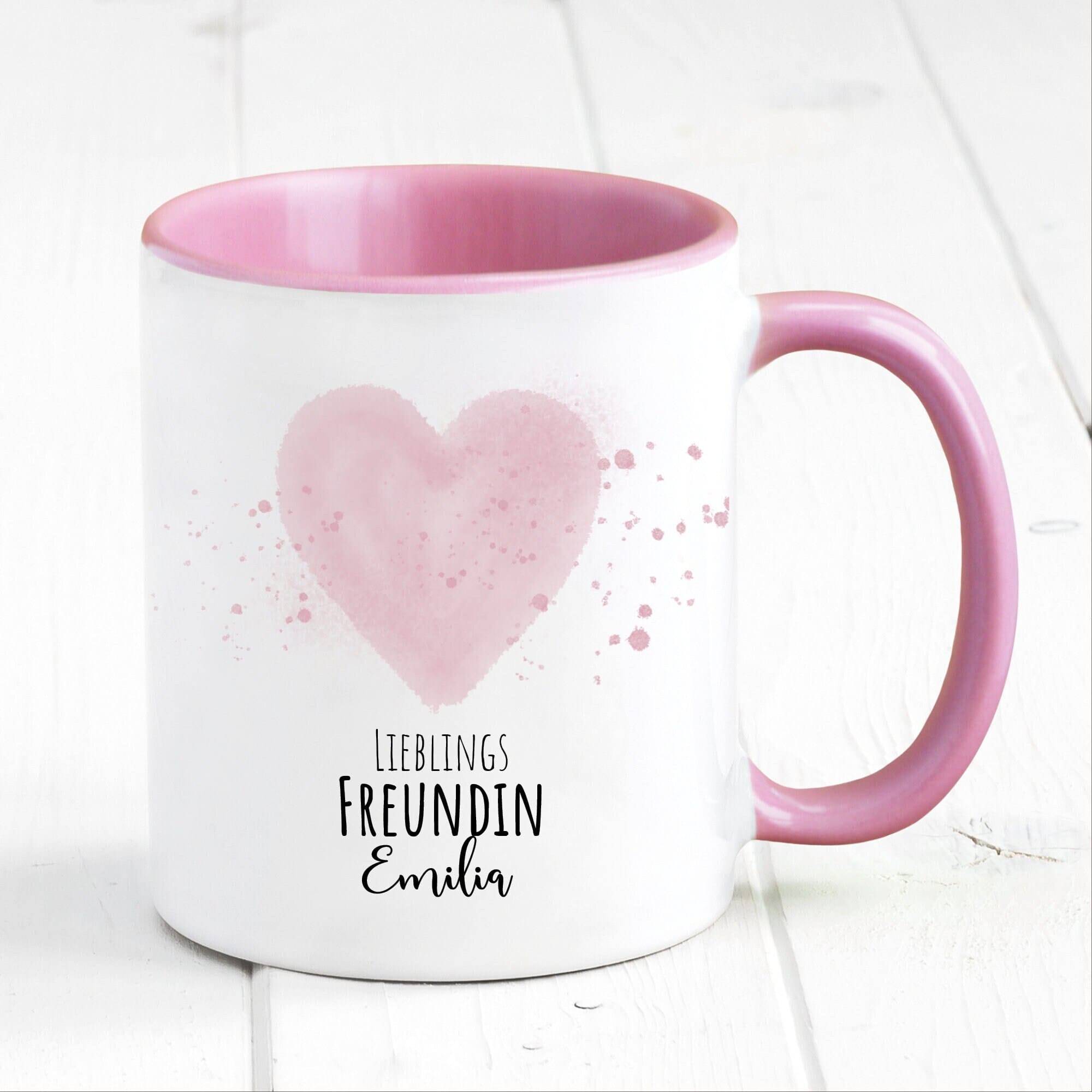 Geschenkidee Tasse bedruckt Lieblingsmensch personalisiert mit Wunschnamen Geburtstagsgeschenk Pastellrosa Herz