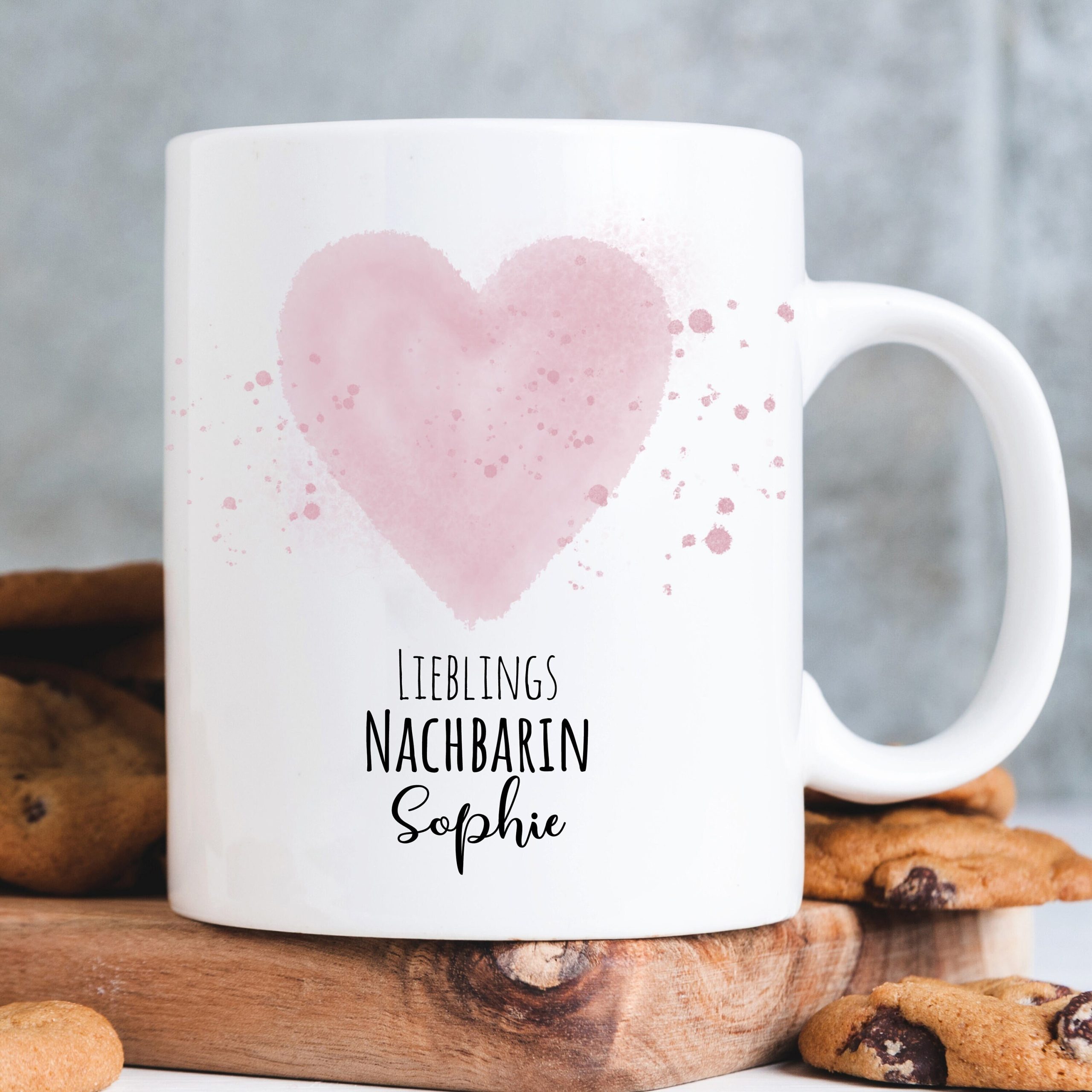 Geschenkidee Tasse bedruckt, Lieblings*mensch personalisiert mit Wunschnamen, Geburtstagsgeschenk, Pastellrosa Herz, Weihnachtsgeschenk