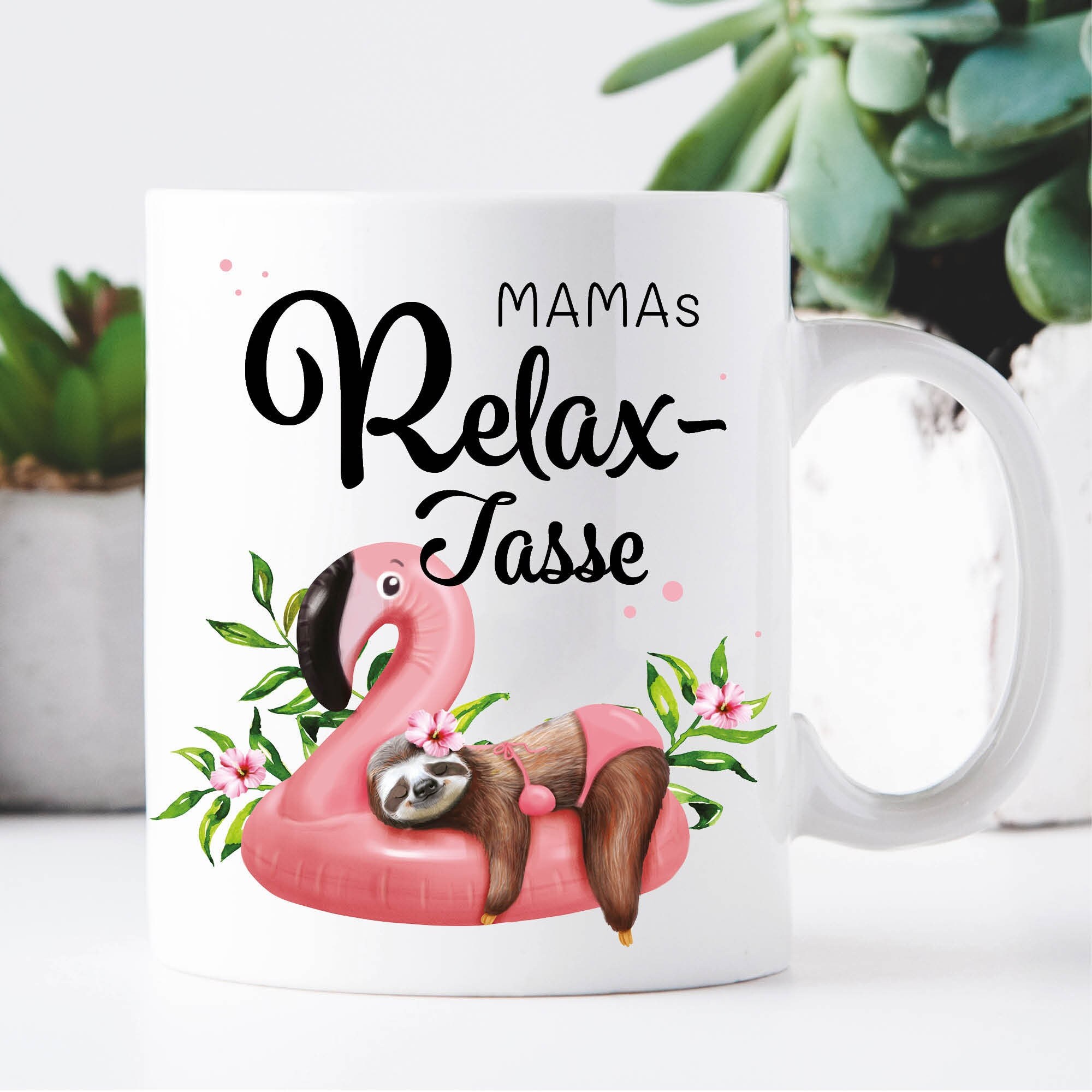 Geschenkidee Tasse bedruckt Relax Tasse mit Wunschnamen Geschenk Geburtstag Faultier auf Flamingo Personalisierung
