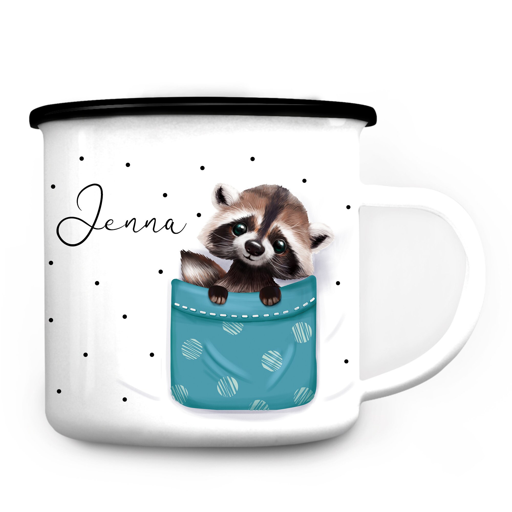 Individueller Emaille Campingbecher Waschbär Geschenk Geburtstag Kindertasse