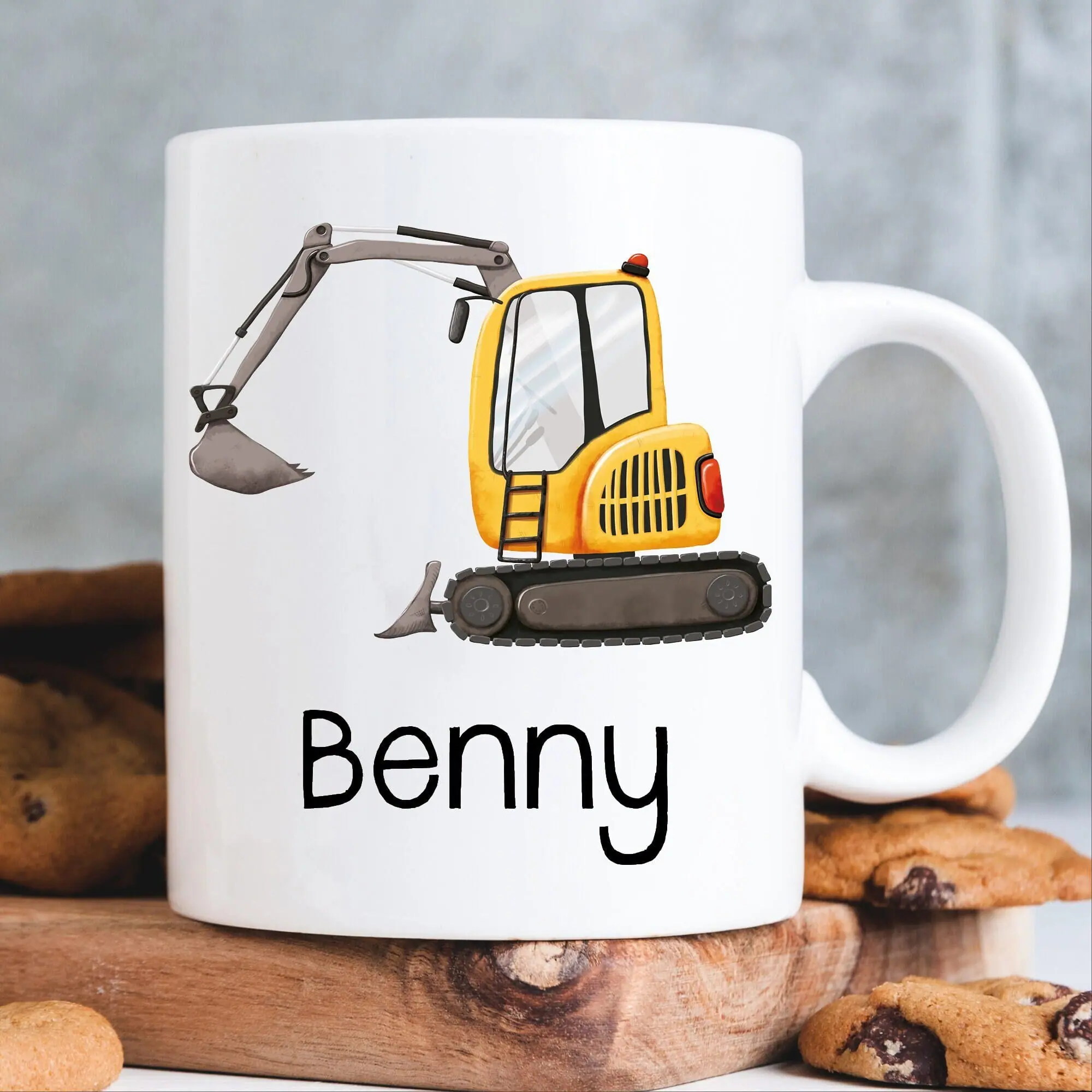 Auf dem Bild ist das Produkt: Keramik Tasse bedruckt gelber Bagger Personalisiert Wunschame Kaffeetasse Kaffeebecher Kindertasse 330 ml zum Preis von €18.9 abgebildet.