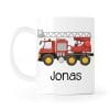 Auf dem Bild ist das Produkt: Keramik Tasse bedruckt mit rotem Feuerwehrauto Personalisiert Wunschnamen Kindertasse 330 ml Kaffeetasse Feuerwehr zum Preis von €18.9 abgebildet.