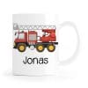 Auf dem Bild ist das Produkt: Keramik Tasse bedruckt mit rotem Feuerwehrauto Personalisiert Wunschnamen Kindertasse 330 ml Kaffeetasse Feuerwehr zum Preis von €18.9 abgebildet.