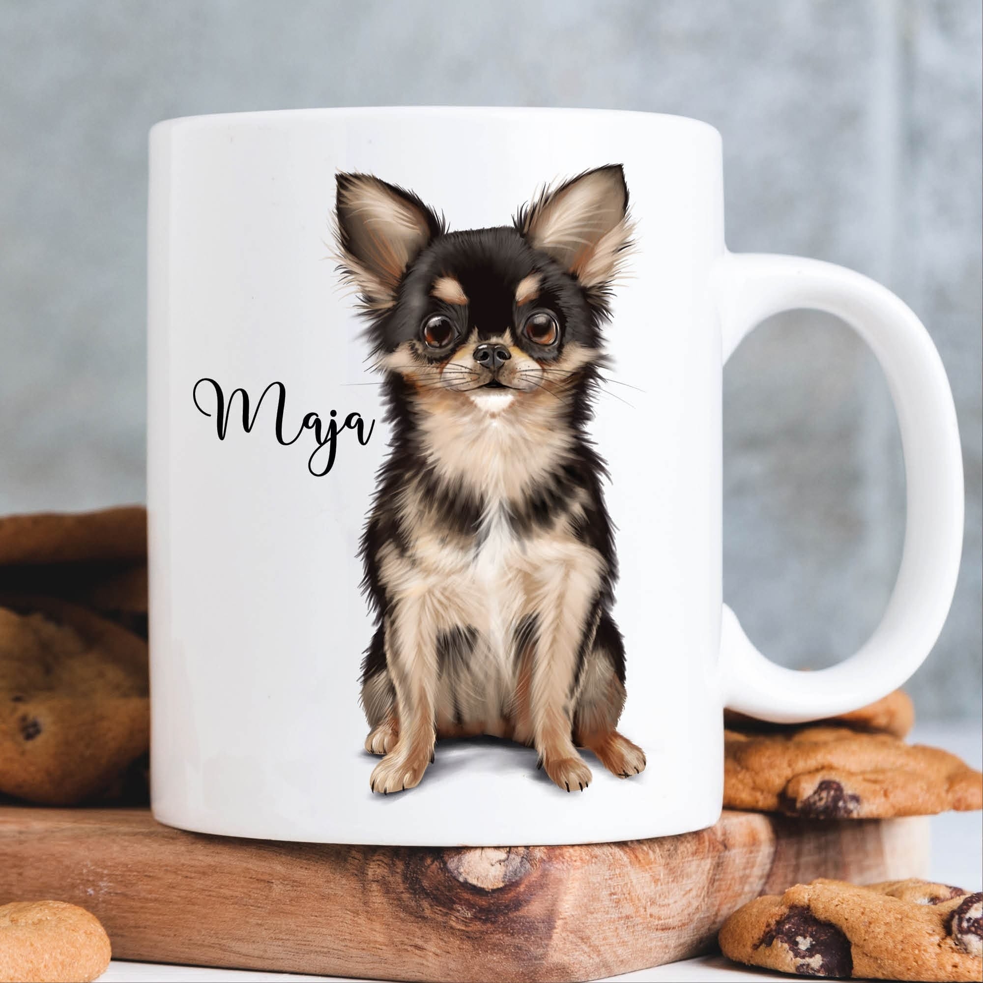Keramiktasse bedruckt Hund Chihuahua mit Wunschnamen Kaffeetasse personalisiert Geschenk Geburtstag 330 ml