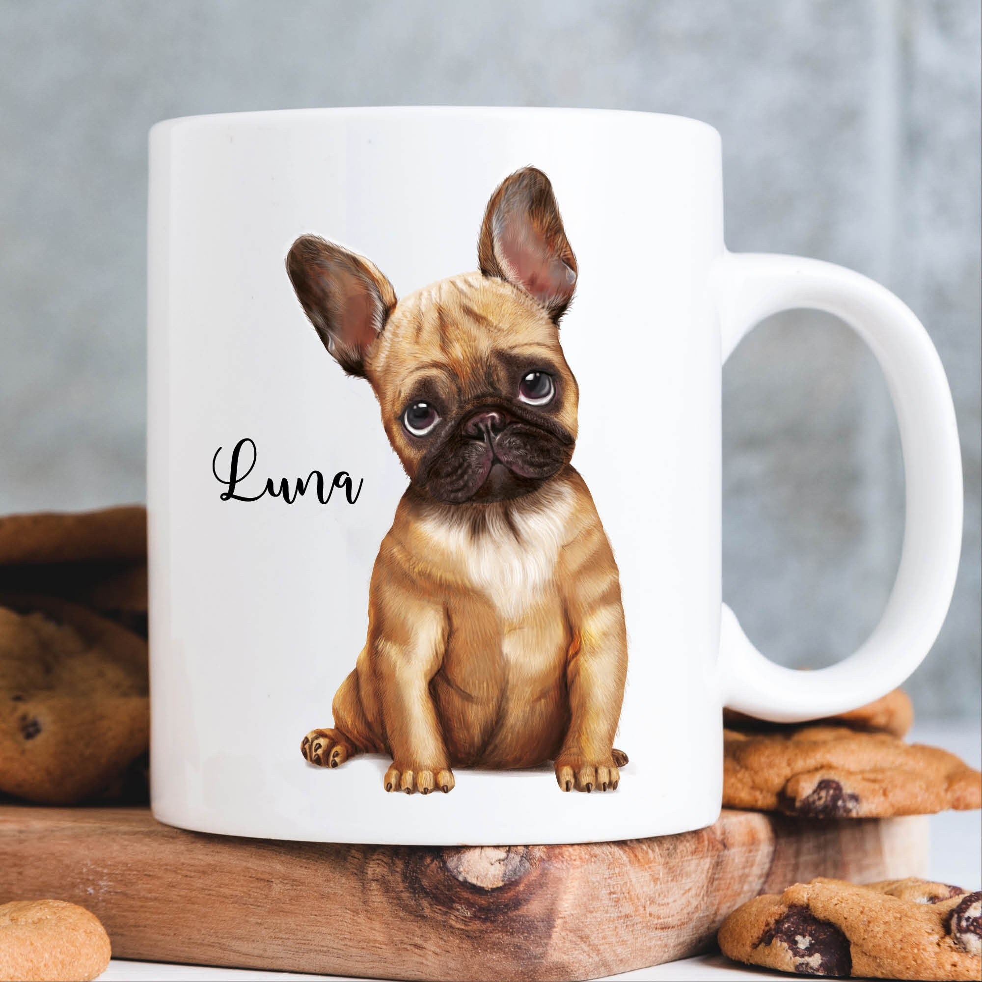 Keramiktasse bedruckt Hund Französische Bulldogge mit Wunschnamen Kaffeetasse personalisiert Geschenk Geburtstag 330 ml