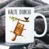 Auf dem Bild ist das Produkt: Keramiktasse bedruckt Katze halte durch Kaffeetasse Motivation in der Krise Geburtstagsgeschenk zum Preis von €15.90 abgebildet.