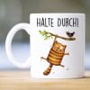 Auf dem Bild ist das Produkt: Keramiktasse bedruckt Katze halte durch Kaffeetasse Motivation in der Krise Geburtstagsgeschenk zum Preis von €15.90 abgebildet.
