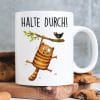 Auf dem Bild ist das Produkt: Keramiktasse bedruckt Katze halte durch Kaffeetasse Motivation in der Krise Geburtstagsgeschenk zum Preis von €15.90 abgebildet.