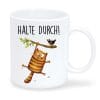 Auf dem Bild ist das Produkt: Keramiktasse bedruckt Katze halte durch Kaffeetasse Motivation in der Krise Geburtstagsgeschenk zum Preis von €15.90 abgebildet.