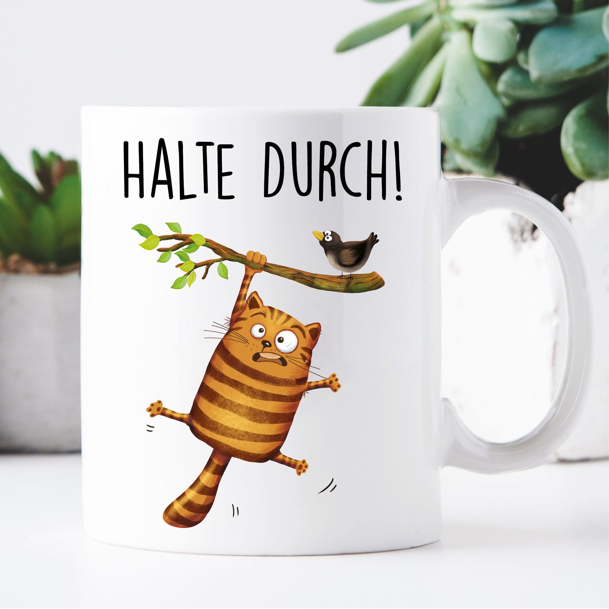 Keramiktasse bedruckt Katze halte durch Kaffeetasse Motivation in der Krise Geburtstagsgeschenk