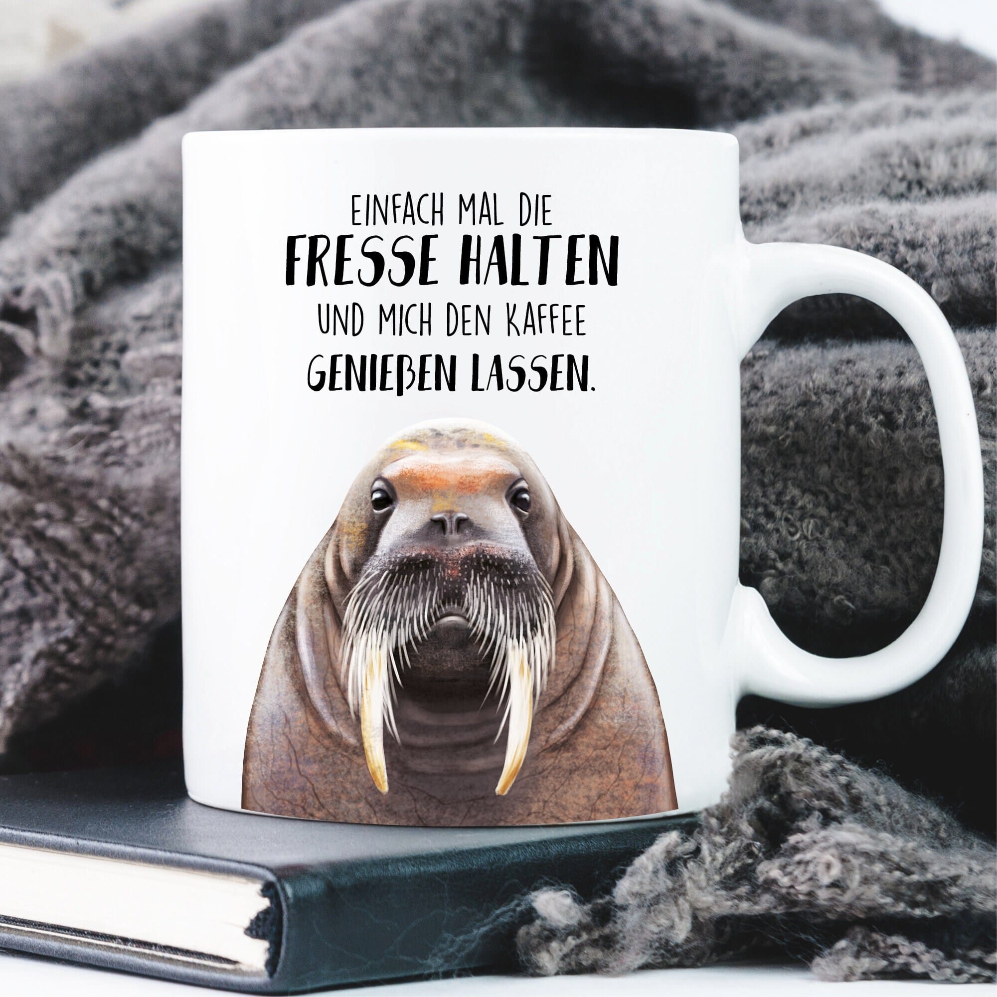 Keramiktasse bedruckt Walross Fresse halten Kaffeetasse Geschenk Geburtstag Spruch 330 ml