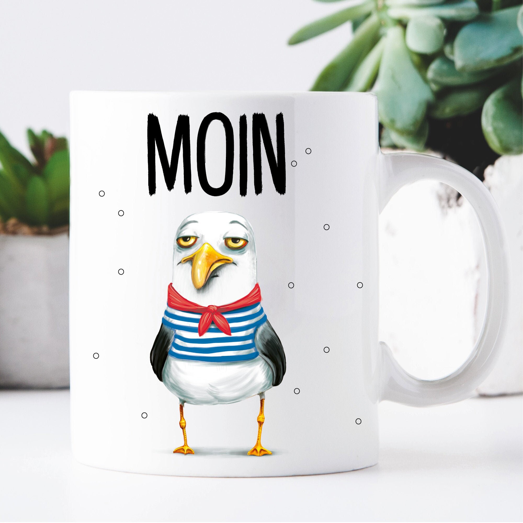 Keramiktasse Möwe mit Pullover Moin maritim Geschenkidee Geburtstag Kaffeetasse 330 ml