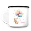 Auf dem Bild ist das Produkt: Kindertasse Campingbecher Emaille Hase mit Luftballons Geschenk Geburtstag personalisiert mit Wunschnamen zum Preis von €18.9 abgebildet.