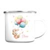Auf dem Bild ist das Produkt: Kindertasse Campingbecher Emaille Hase mit Luftballons Geschenk Geburtstag personalisiert mit Wunschnamen zum Preis von €18.9 abgebildet.