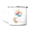 Auf dem Bild ist das Produkt: Kindertasse Campingbecher Emaille Hase mit Luftballons Geschenk Geburtstag personalisiert mit Wunschnamen zum Preis von €18.9 abgebildet.