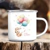 Auf dem Bild ist das Produkt: Kindertasse Campingbecher Emaille Hase mit Luftballons Geschenk Geburtstag personalisiert mit Wunschnamen zum Preis von €18.9 abgebildet.