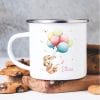 Auf dem Bild ist das Produkt: Kindertasse Campingbecher Emaille Hase mit Luftballons Geschenk Geburtstag personalisiert mit Wunschnamen zum Preis von €18.9 abgebildet.