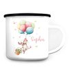 Auf dem Bild ist das Produkt: Kindertasse Campingbecher Emaille Maus mit Luftballons Geschenk personalisiert mit Wunschnamen zum Preis von €18.9 abgebildet.