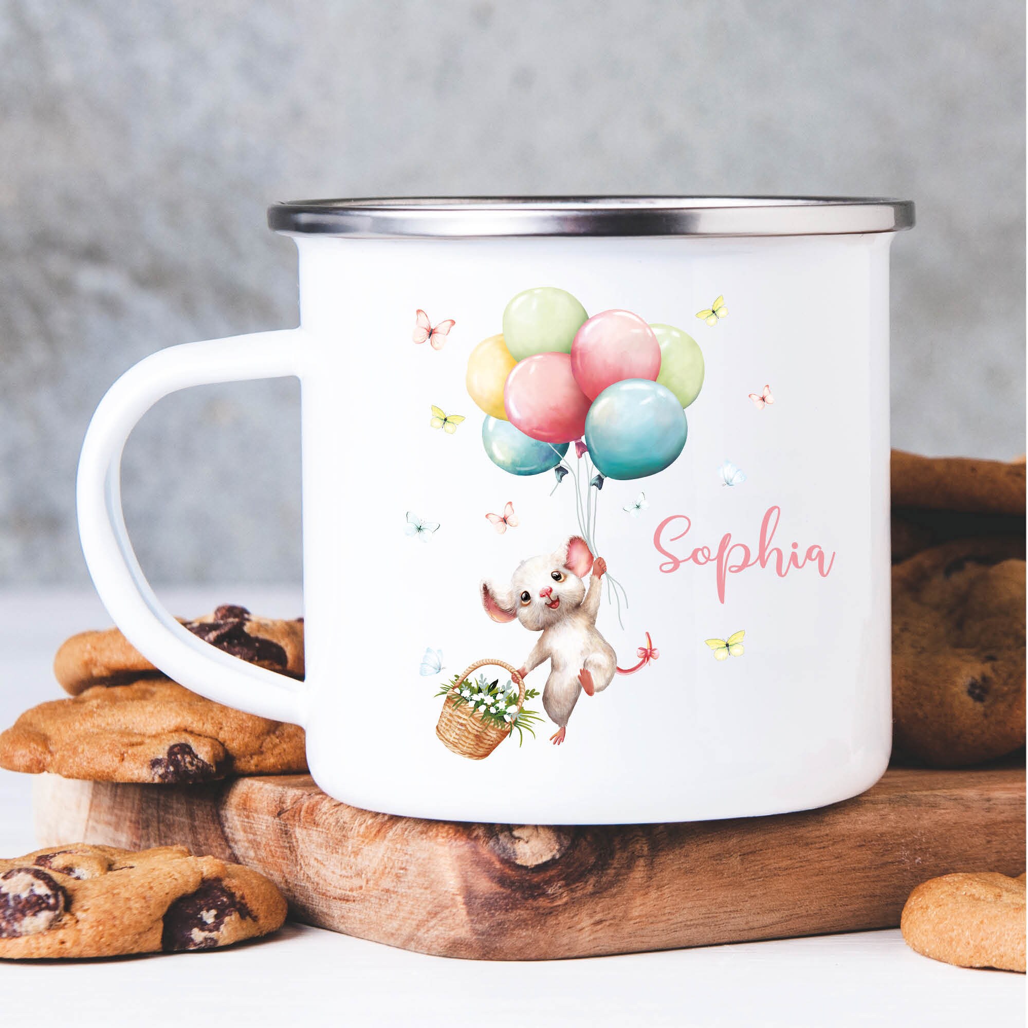 Kindertasse Campingbecher Emaille Maus mit Luftballons Geschenk personalisiert mit Wunschnamen