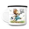 Auf dem Bild ist das Produkt: Kindertasse Emaille Becher Katze angeln Angel personalisiert mit Wunschname zum Preis von €18.9 abgebildet.