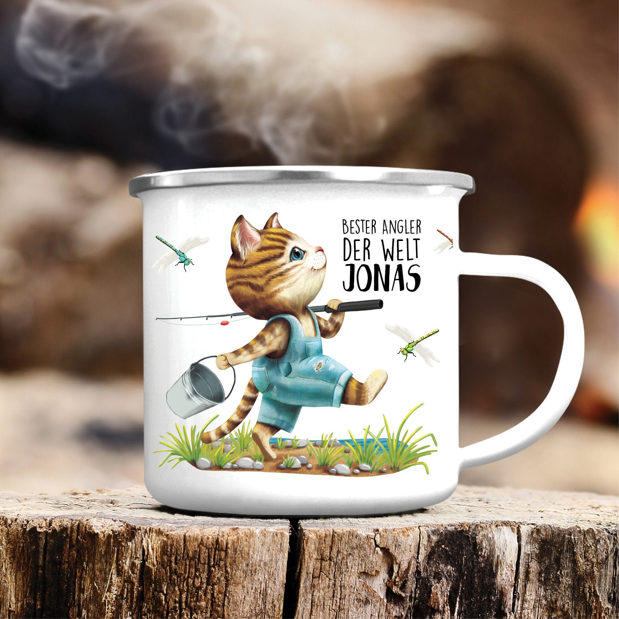 Kindertasse Emaille Becher Katze angeln Angel personalisiert mit Wunschname