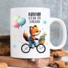 Auf dem Bild ist das Produkt: Personalisierte Kindertasse Tasse Fuchs Fahrrad Hurra ich bin ein Schulkind Geschenk Einschulung Schulanfang zum Preis von €18.90 abgebildet.