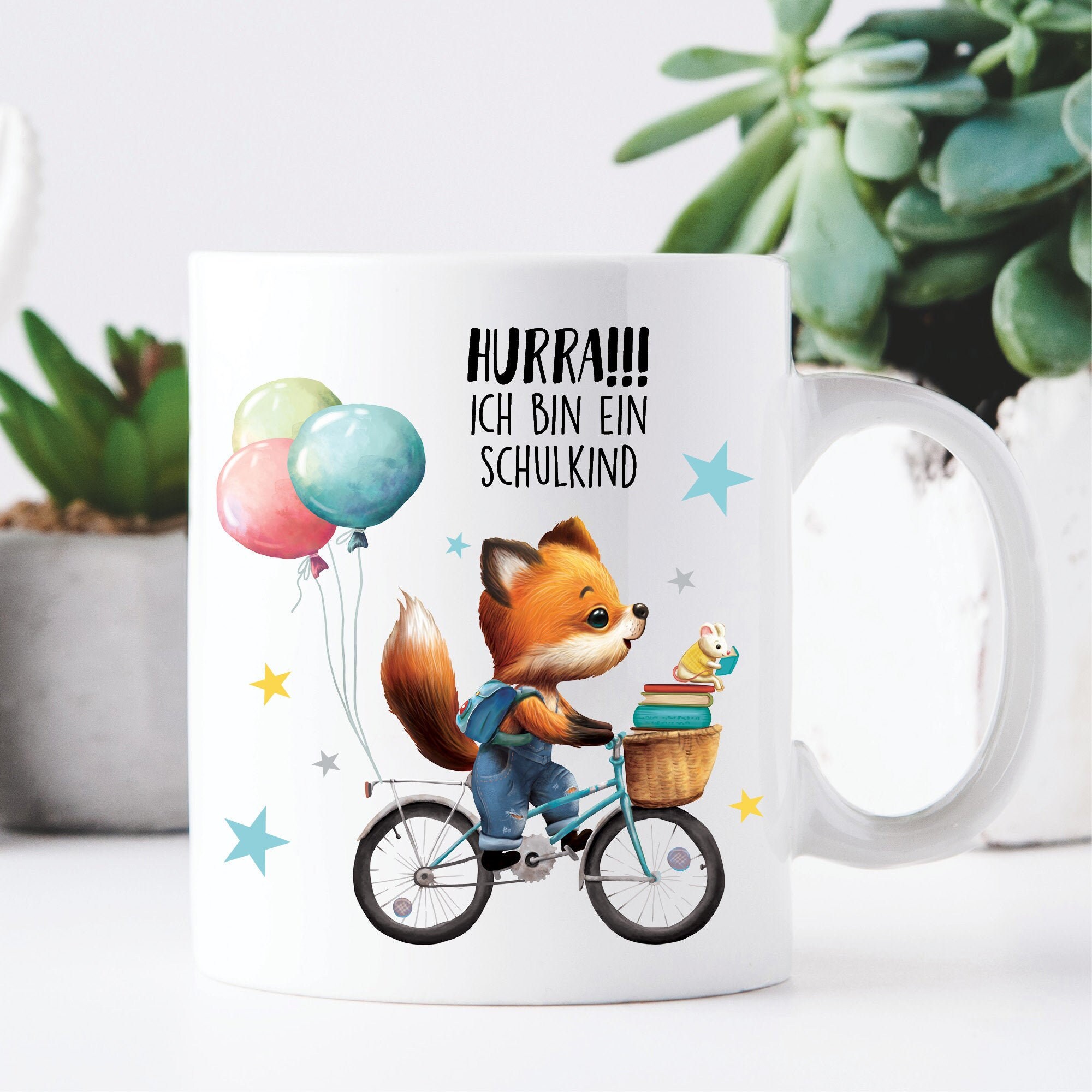 Personalisierte Kindertasse Tasse Fuchs Fahrrad Hurra ich bin ein Schulkind Geschenk Einschulung Schulanfang