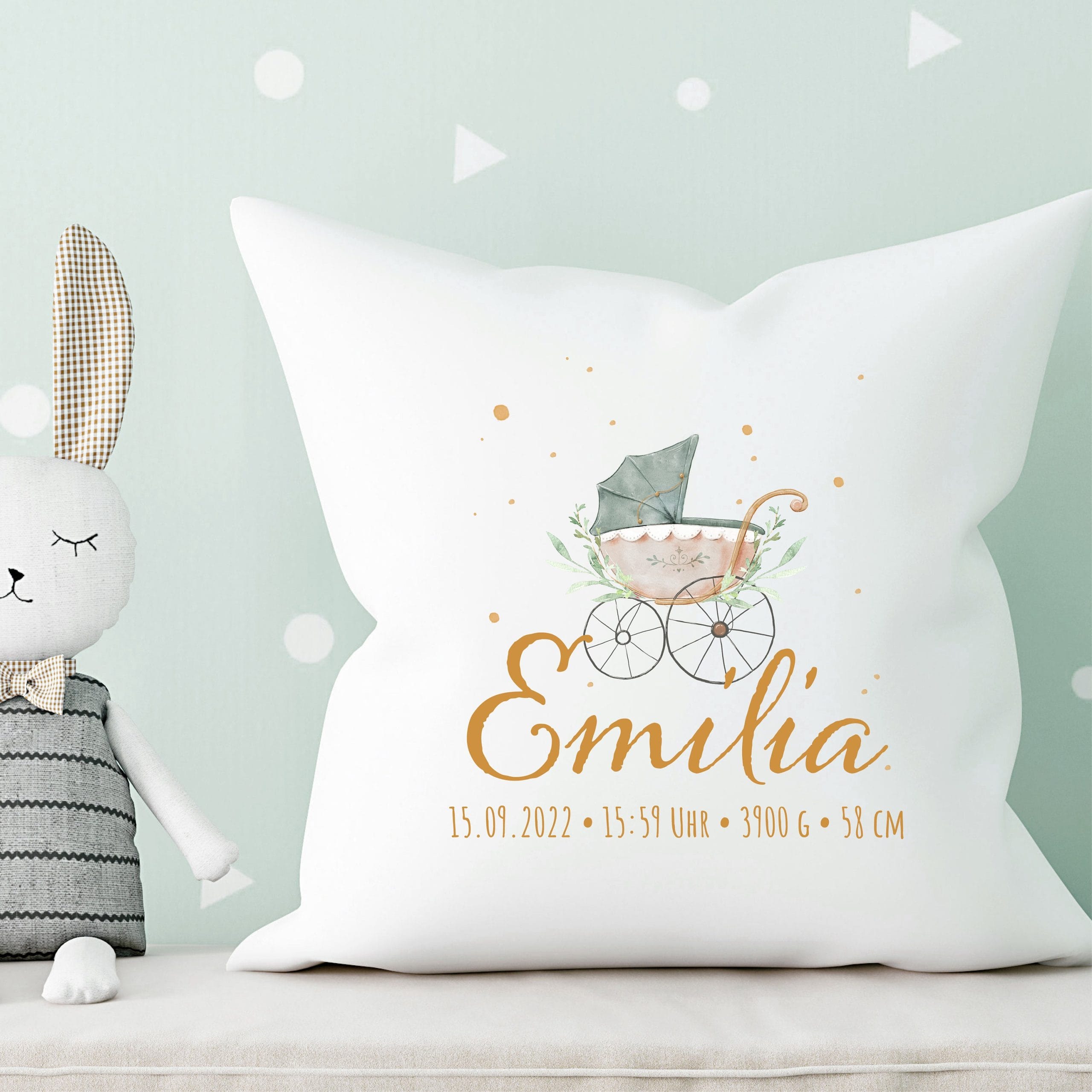 Kissen Geburt mit Kinderwagen, Geschenk zur Geburt personalisiertes Geburtskissen