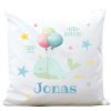 Auf dem Bild ist das Produkt: Kissen Geburt Wal mit Luftballons, Geschenk zur Geburt personalisiertes Geburtskissen zum Preis von €16.90 abgebildet.