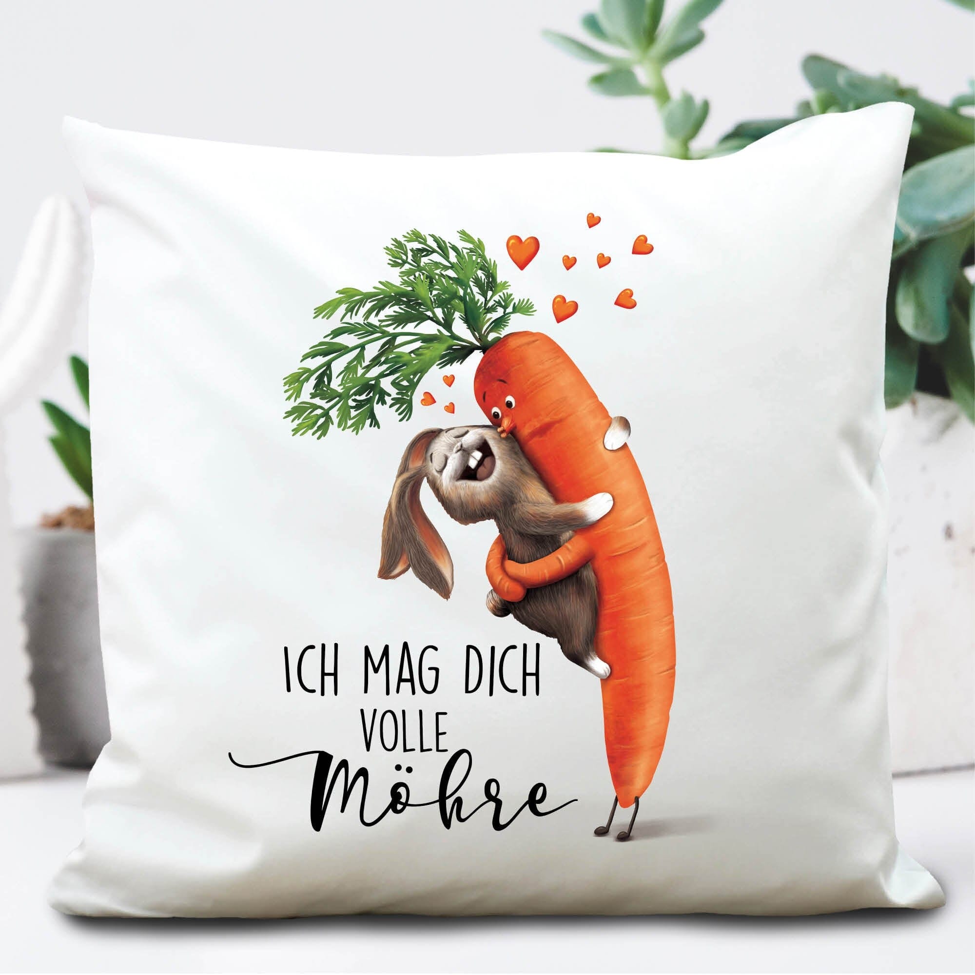 Kissen Hase Ich mag dich volle Möhre Geschenk 40 x 40 xm weiß Polyester mit oder ohne Füllung