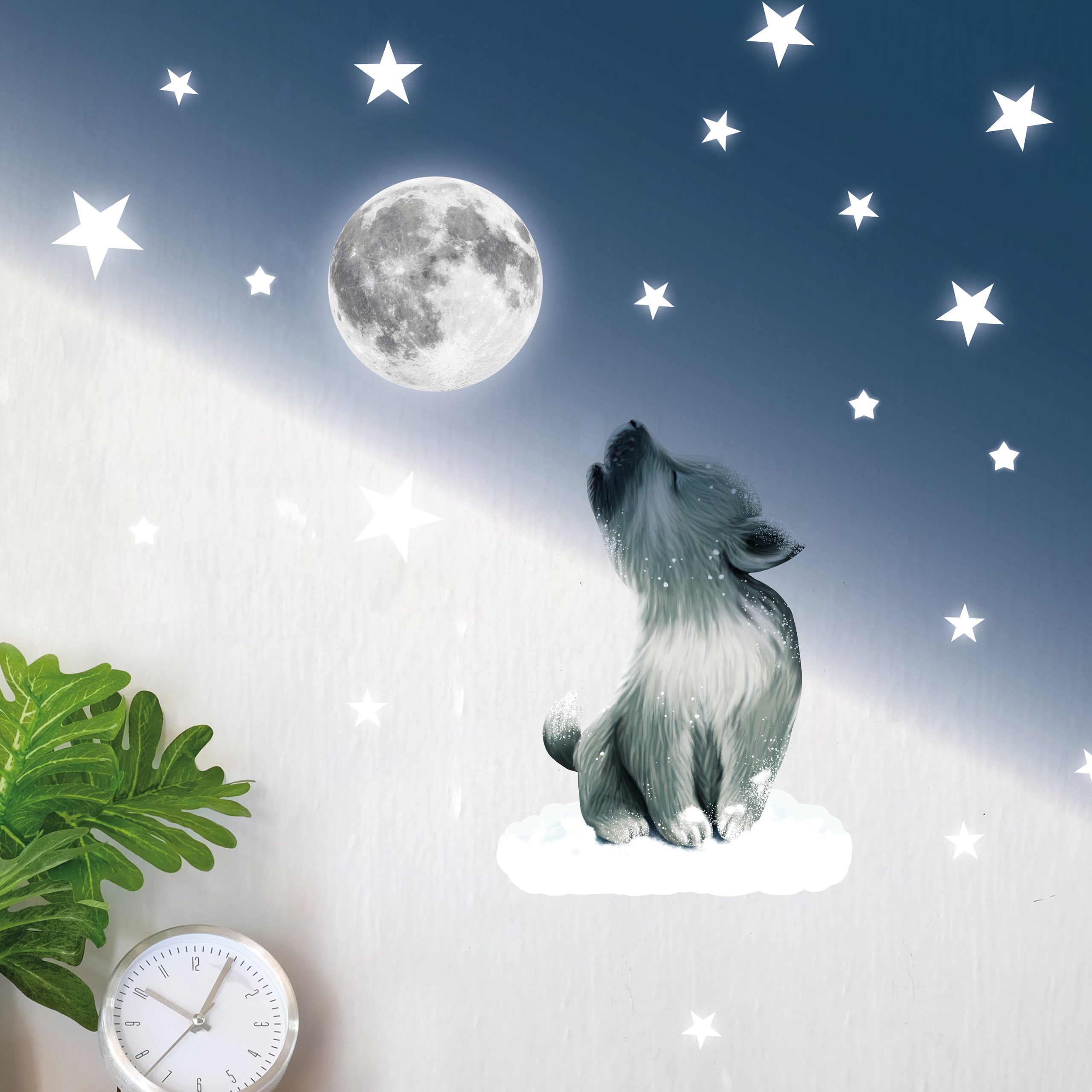 Leuchtaufkleber kleiner Wolf mit Mond, leuchtend und fluoreszierende Sterne, leuchten im Dunklen