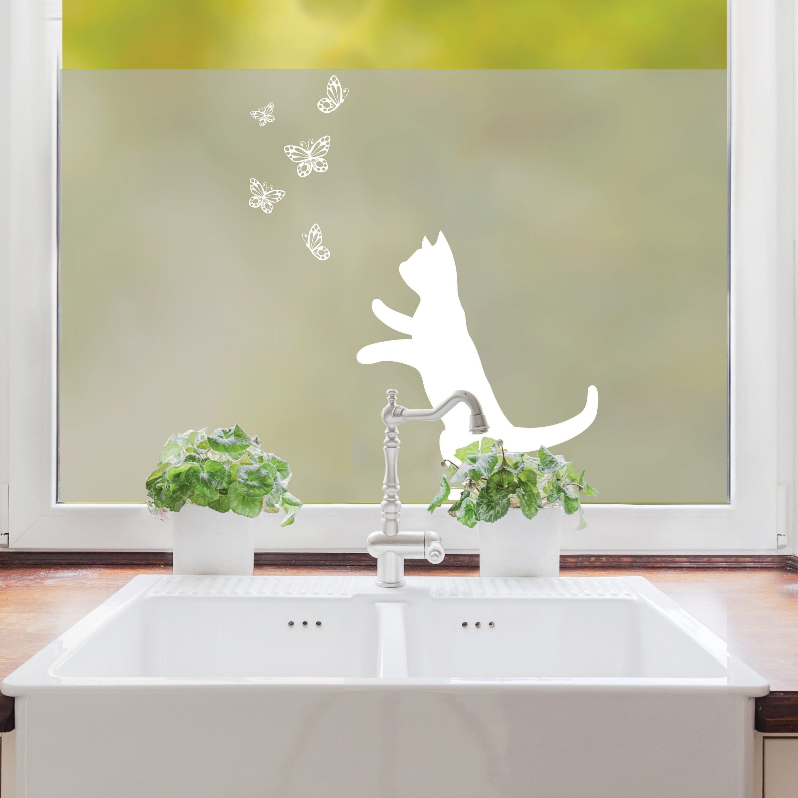 Sichtschutzfolie Katze mit Schmetterlingen Fensterfolie Fensterdeko Milchglasfolie