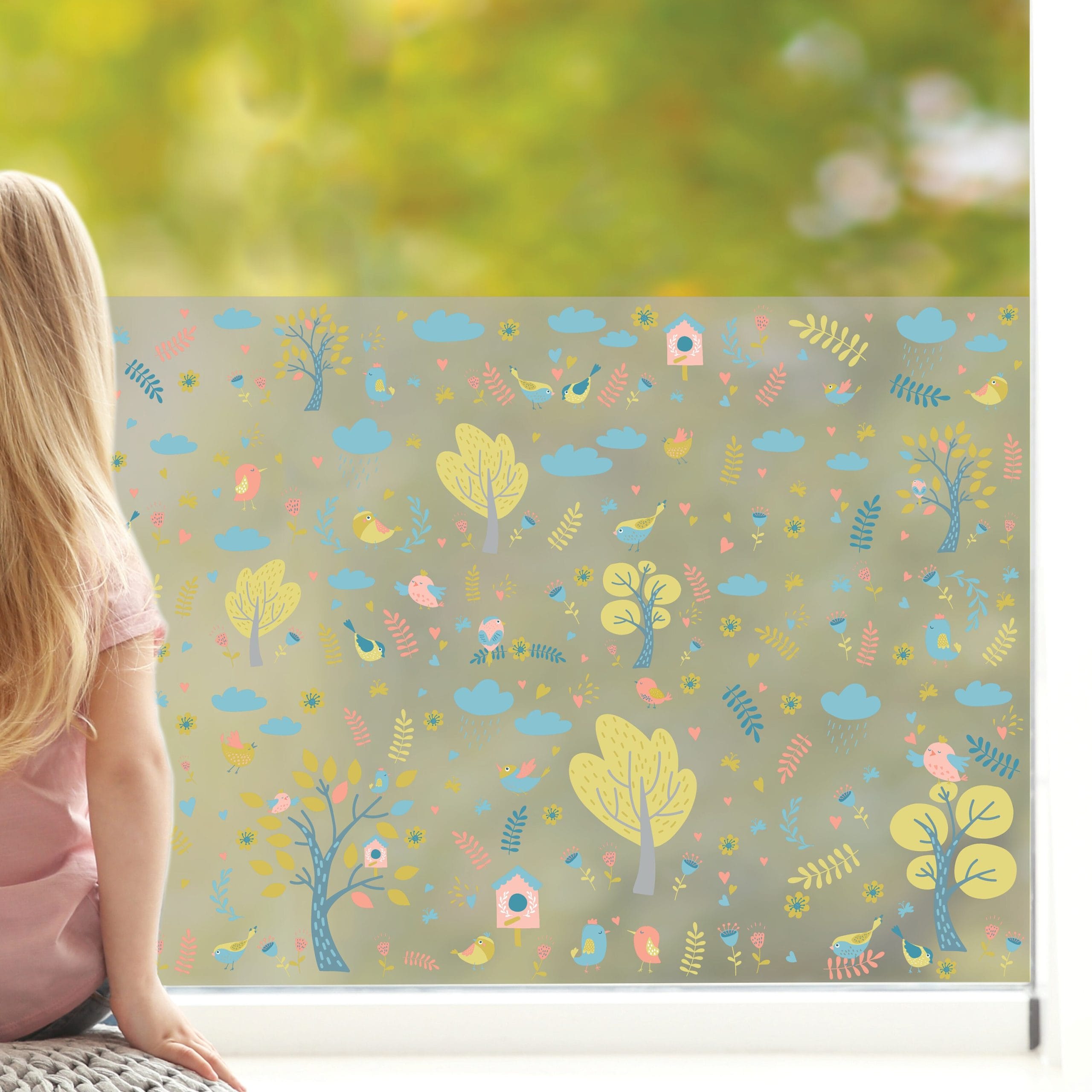 Sichtschutzfolie Kinderzimmer Wiederverwendbar bunter Baum mit Vögeln Blumen Wolken Fensterfolie Fensterdeko Milchglasfolie