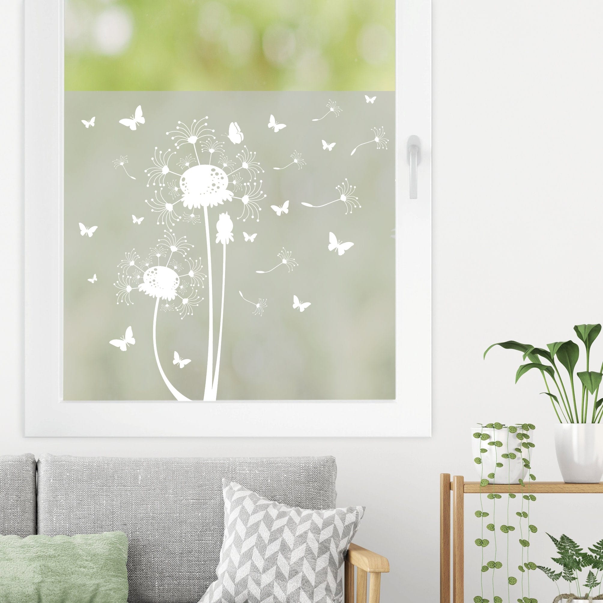 Sichtschutzfolie mit Pusteblume und Schmetterlingen, Fensterfolie, Fensterdeko Milchglasfolie