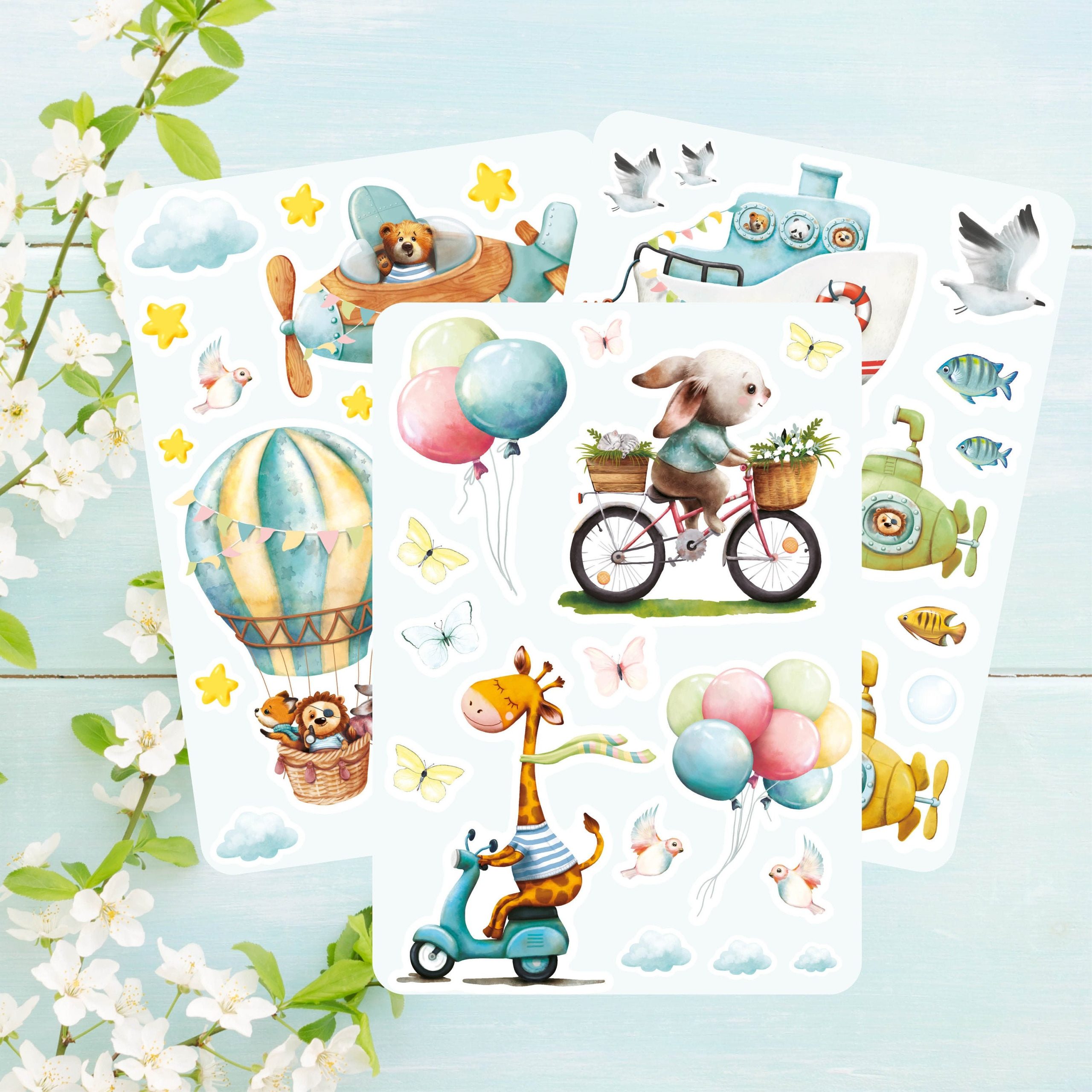 Sticker Set Aufkleber Kinderzimmer Tiere Wandtattoo Hase Giraffe Eule Bär Heißluftballon Fahrrad Roller Dekoration, Geburtstagsgeschenk