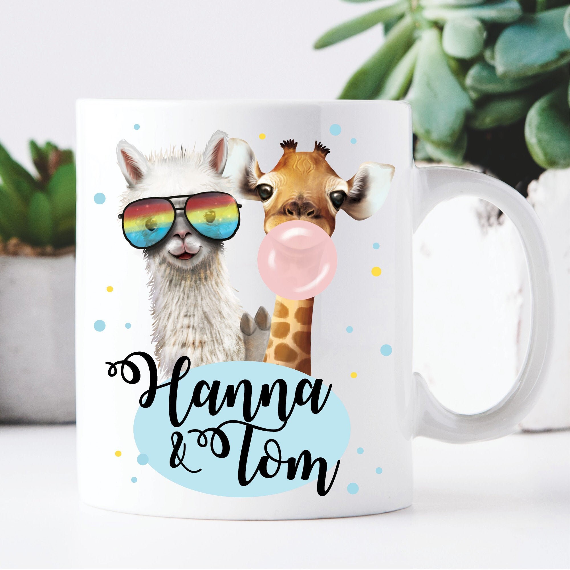 Tasse bedruckt Lama und Giraffe personalisiert mit Wunschnamen, Geschenk beste Freundin