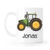 Auf dem Bild ist das Produkt: Tasse bedruckt mit einem grünen Traktor Trecker, Geschenk Geburtstag für Jungen zum Preis von €16.9 abgebildet.