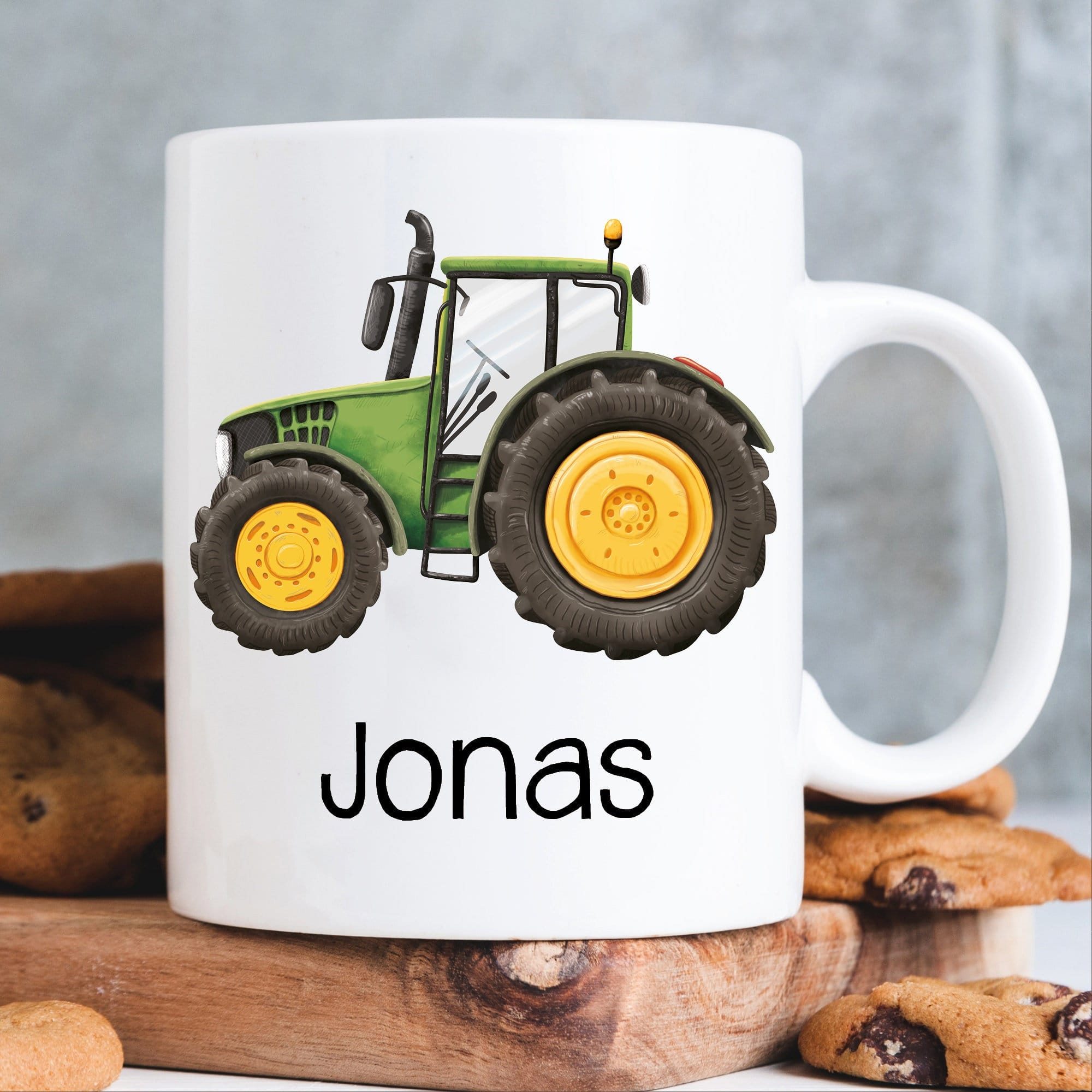 Tasse bedruckt mit einem grünen Traktor Trecker, Geschenk Geburtstag für Jungen