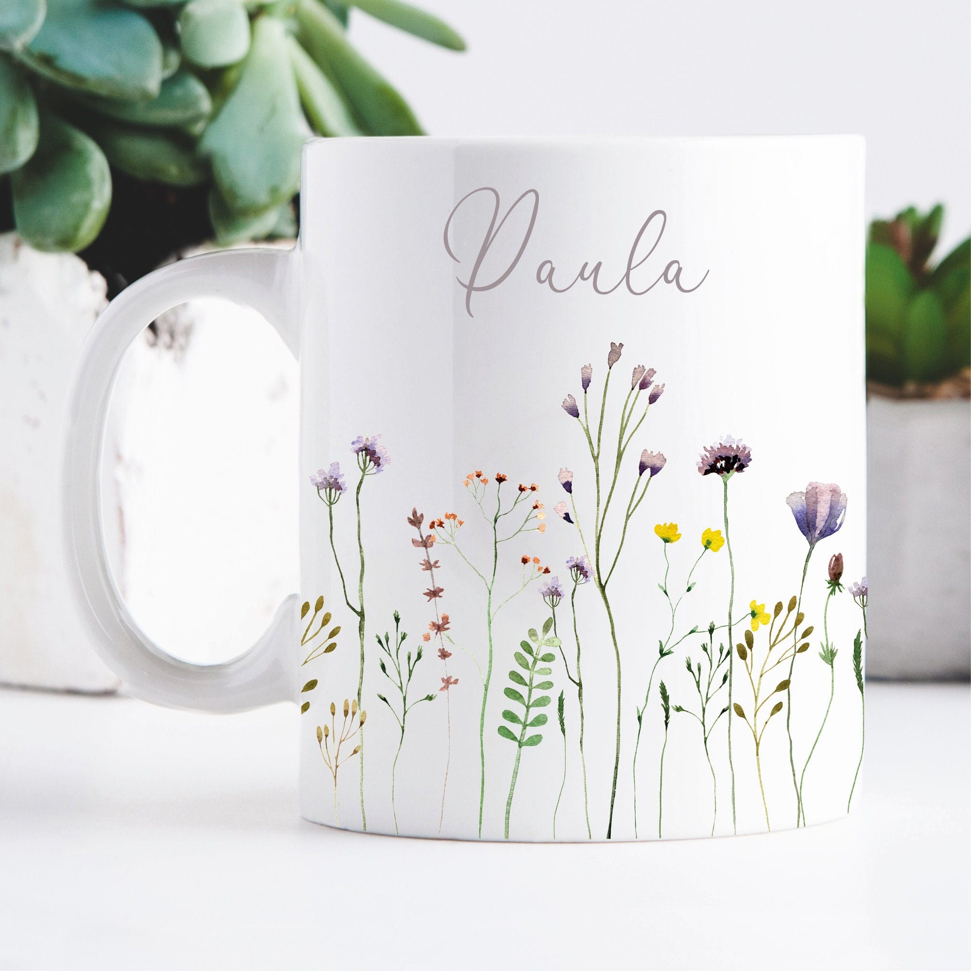 Tasse bedruckt mit Wildblumen Gräsern und dem Wunschnamen Kaffeetasse, personalisiert, Geschenk Geburtstag beste Freundin