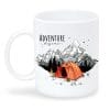 Auf dem Bild ist das Produkt: Tasse bedruckt rotes Zelt vor Bergen Adventure begins Kaffeetasse Geschenk Geburtstag zum Preis von €15.90 abgebildet.