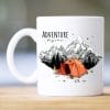 Auf dem Bild ist das Produkt: Tasse bedruckt rotes Zelt vor Bergen Adventure begins Kaffeetasse Geschenk Geburtstag zum Preis von €15.90 abgebildet.