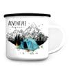 Auf dem Bild ist das Produkt: Tasse Campingbecher Emaille Berge und blaues Zelt, Adventure begins, Reisen Urlaub, Geschenk Geburtstag Camper zum Preis von €18.90 abgebildet.