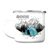 Auf dem Bild ist das Produkt: Tasse Campingbecher Emaille Berge und blaues Zelt, Adventure begins, Reisen Urlaub, Geschenk Geburtstag Camper zum Preis von €18.90 abgebildet.